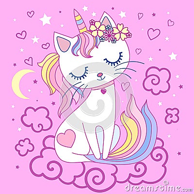 Cute, cartoon, rainbow cat unicorn on a pink background. Vector Vector Illustration