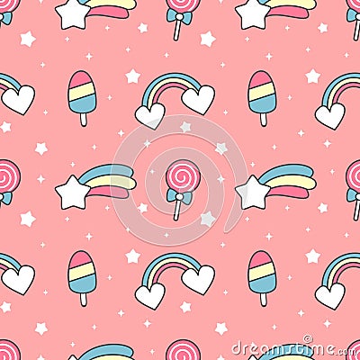 Cute cartoon rainbow, comet, ice cream, stars and lollipop seamless pattern on pink background Vector Illustration