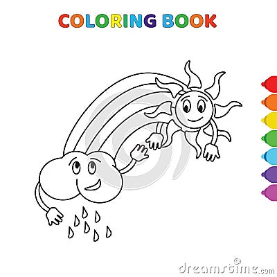 Cute cartoon rainy cloud with sun coloring book for kids. black and white vector illustration for coloring book. rainy cloud with Vector Illustration