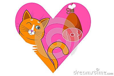 A cute cartoon red cat, kitty sits with narrowed eyes next to the hanging ham. Vector Vector Illustration