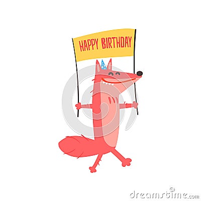 Cute cartoon red fox Happy Birthday colorful vector Illustration Vector Illustration