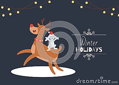 Cute cartoon reindeer with antlers and rabbit in santa hat vector illustration. Winter holidays and merry christmas card Vector Illustration