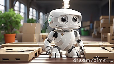 Cute cartoon robot boxes concept works service innovation packaging electronic Stock Photo