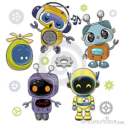 Cute Cartoon Robots on a white background Vector Illustration