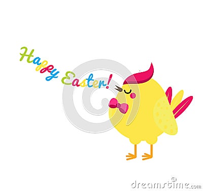 Cute cartoon rooster chicken singing Happy Easter wishes. Isolated clip art for Easter design and seasonal greetings Vector Illustration