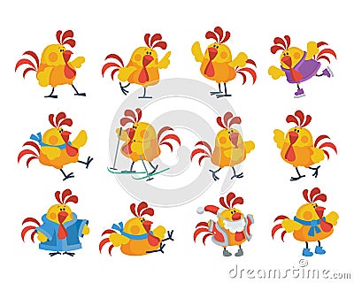 Cute Cartoon Roosters Flat Vector Icon Set Vector Illustration