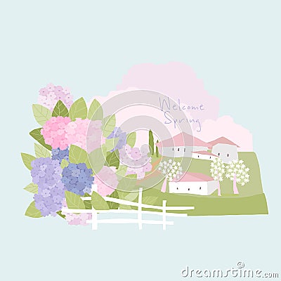 Cute Cartoon Rustic Landscape with Colorful Hydrangea Vector Illustration