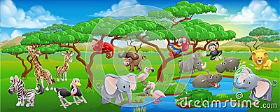 Cute Cartoon Safari Animal Scene Landscape Vector Illustration