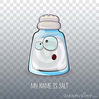 Cute cartoon salt shaker with smiling faces isolated on transparent background. Funky Kawaii salt character. My name is Vector Illustration