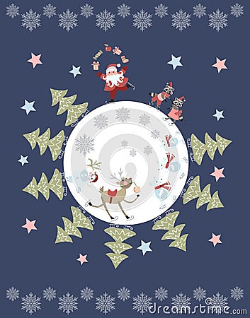 Cute cartoon Santa Claus juggling gifts, reindeer, snowman, polar bears, little raccoons and christmas trees on skates Vector Illustration