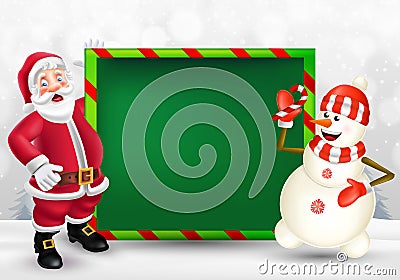 Merry Christmas greeting card with cartoon Santa Claus and snowman Vector Illustration