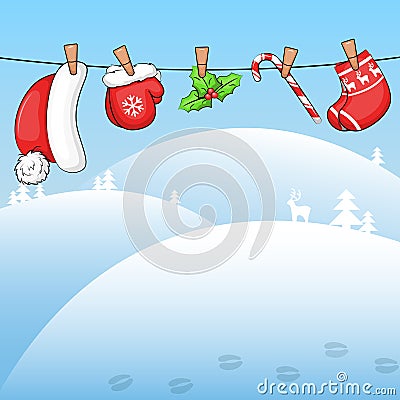 Cute cartoon Santa clothes, candy cane and holly. Vector Illustration