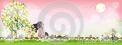 Cute cartoon of Schoolgirl with headphones listening to music while doing school homework under the tree. Vector of Young girl Vector Illustration