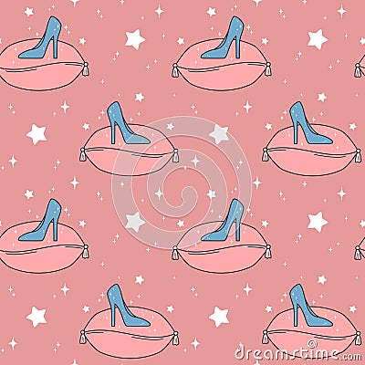 Cute cartoon seamless vector pattern background illustration with princess crystal shoes on pink pillow Vector Illustration