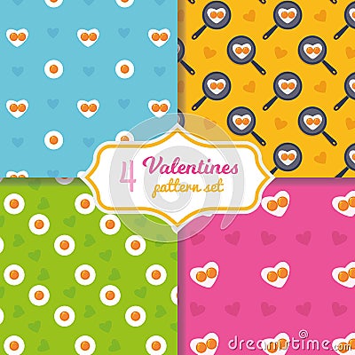 Cute cartoon seamless pattern set. Heart shape fried eggs on the pan. Valentines day concept. Easter holiday background Vector Illustration