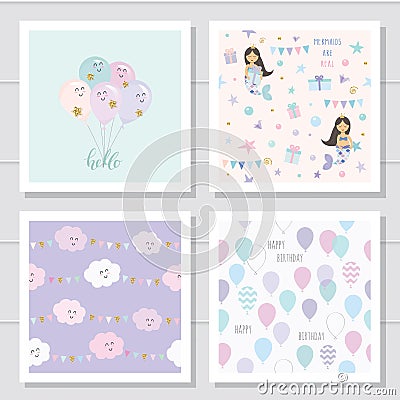 Cute cartoon seamless patterns and templates set. For kids clothes, pajamas, birthday or baby shower design. Vector Illustration