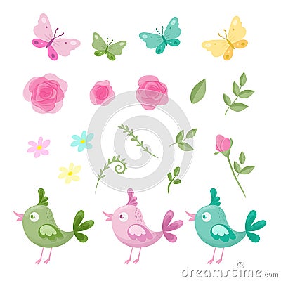 Cute cartoon set of flowers of roses, butterflies and birds for St. Valentine`s Day. Vector illustration Vector Illustration