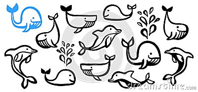 Cute cartoon set of whales and dolphins hand painted with ink brush Cartoon Illustration