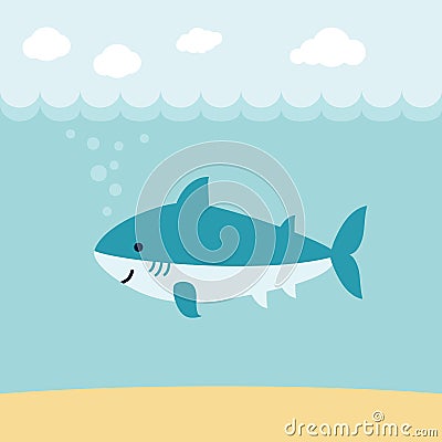 Cute cartoon shark on blue wave background. Vector Illustration