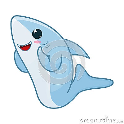 Happy cute cartoon blue pink-cheeked shark Vector Illustration