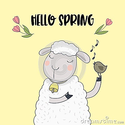 Cute cartoon sheep and chirping bird. Vector Illustration