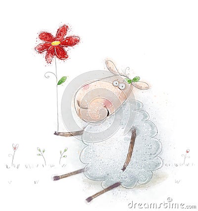 Cute cartoon sheep with the red flower. Valentines greeting card. Happy birthday card. Mothers day card.Congratulations. Stock Photo