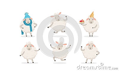 Cute Cartoon Sheep Vector Set. Farm Wooly Character Wearing Warm Clothing Vector Illustration