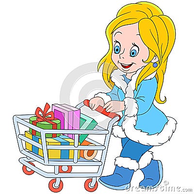 Cute cartoon shopaholic girl on the sale Vector Illustration