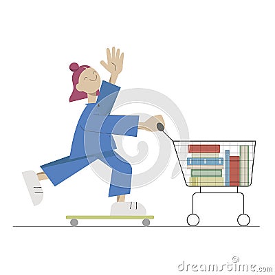 Cute cartoon shopping girl with cart. Vector Illustration