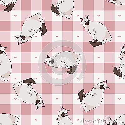 Cute cartoon siamese cat seamless vector pattern. Pedigree kitty breed domestic kitty background. Cat lover seal point Vector Illustration
