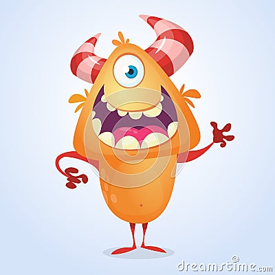 Cute cartoon silly orange horned monster with one eye. Vector bigfoot character. Vector Illustration