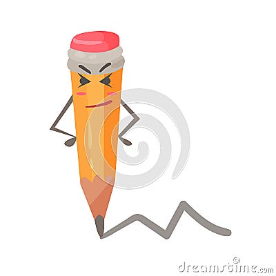 Cute cartoon skeptical humanized pencil standing arms akimbo character vector Illustration Vector Illustration