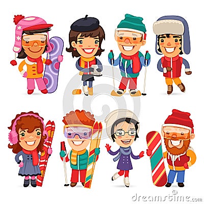 Cute Cartoon Skiers, Skaters and Snowboarders Vector Illustration