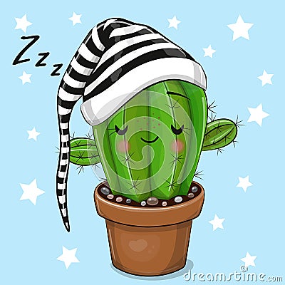 Cartoon Sleeping Cactus on a blue background Vector Illustration