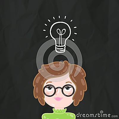 Cute cartoon smart girl and bulb lamp idea Vector Illustration