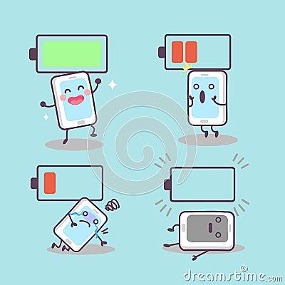 Cute cartoon smartphone with battery Vector Illustration