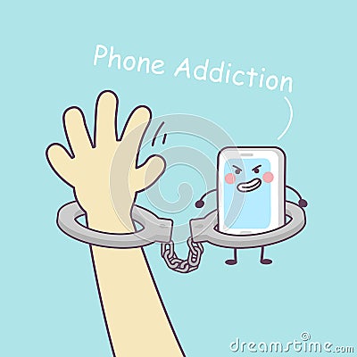 Cute cartoon smartphone with handcuffs Vector Illustration