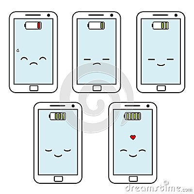 Cute cartoon smartphones battery status set illustration Vector Illustration