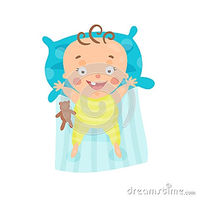 Cute cartoon smiling baby lying in his bed colorful character vector Illustration Vector Illustration