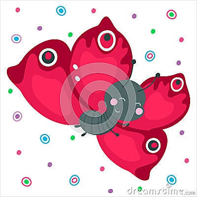 Cute cartoon smiling butterfly. Red flying funny insect for baby design. Beautiful kind animal. Vector Vector Illustration