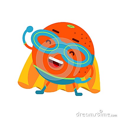 Cute cartoon smiling orange superhero in mask and yellow cape, colorful humanized fruit character Illustration Stock Photo