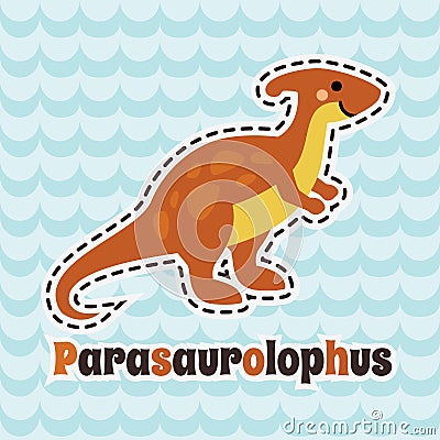 Cute cartoon smiling parasaurolophus on blue wave background. Vector Illustration