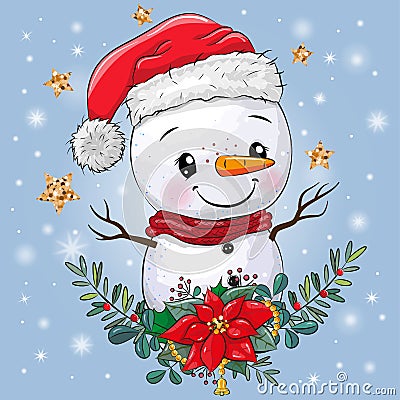 Cute cartoon Snowman with Christmas wreath Vector Illustration