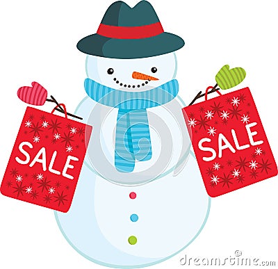 Cute cartoon snowman with sale bags Vector Illustration