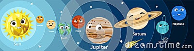 Cute cartoon Solar system space planets with smiling faces orbiting Sun vector stripe style illustration. Kids astronomy Vector Illustration