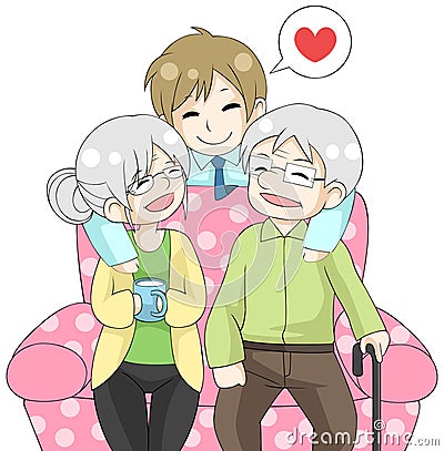 Cute cartoon son is hugging their old elder parents Vector Illustration