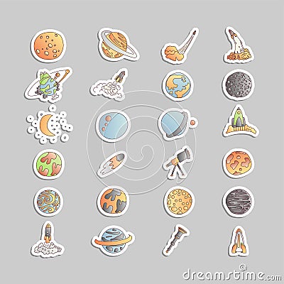 Cute cartoon space asrtonaut cosmos vector icon collection. Planet, rocket, observatory icons in one cute set, isolated Vector Illustration