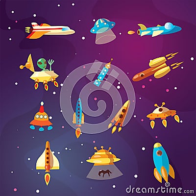 Cute cartoon space explorer, astronomy science and UFO vector set. Lunar rover, rockets, space sheeps and shuttle Vector Illustration