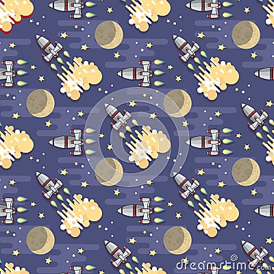 Cartoon Space rocket. Vector celestial seamless pattern. Vector Illustration