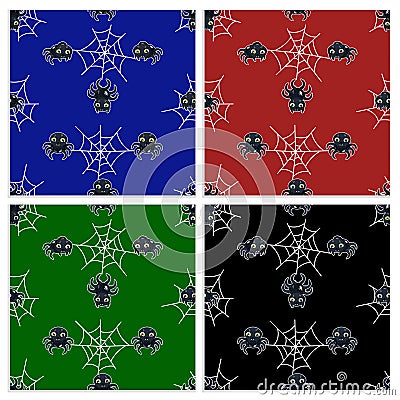 Cute cartoon spiders different backgrounds scary seamless patterns set, for halloween wrapping paper or kids fabric, textile Vector Illustration